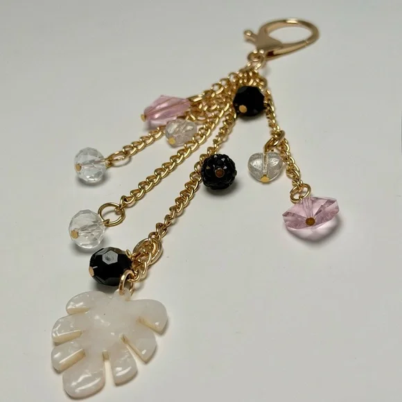 Gold Leaf Heart Beaded Key Chain Pink Black Acrylic Accent for Women - Picture 7 of 8